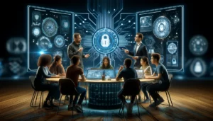 A group of cybersecurity professionals working in a high-tech security operations center.